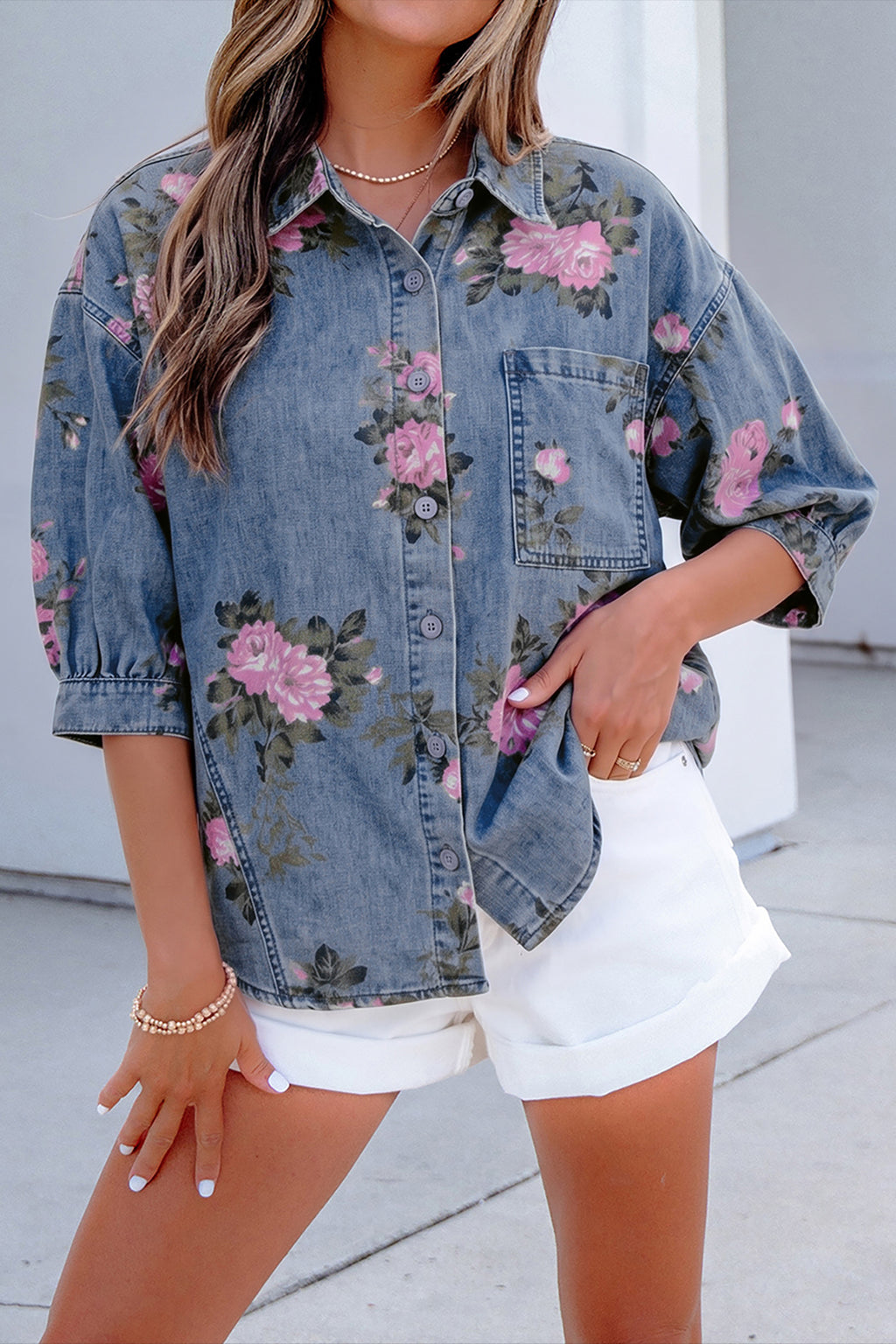 Blue Floral Denim Shirt – Bracelet Sleeve Lightweight Button Up Blouse