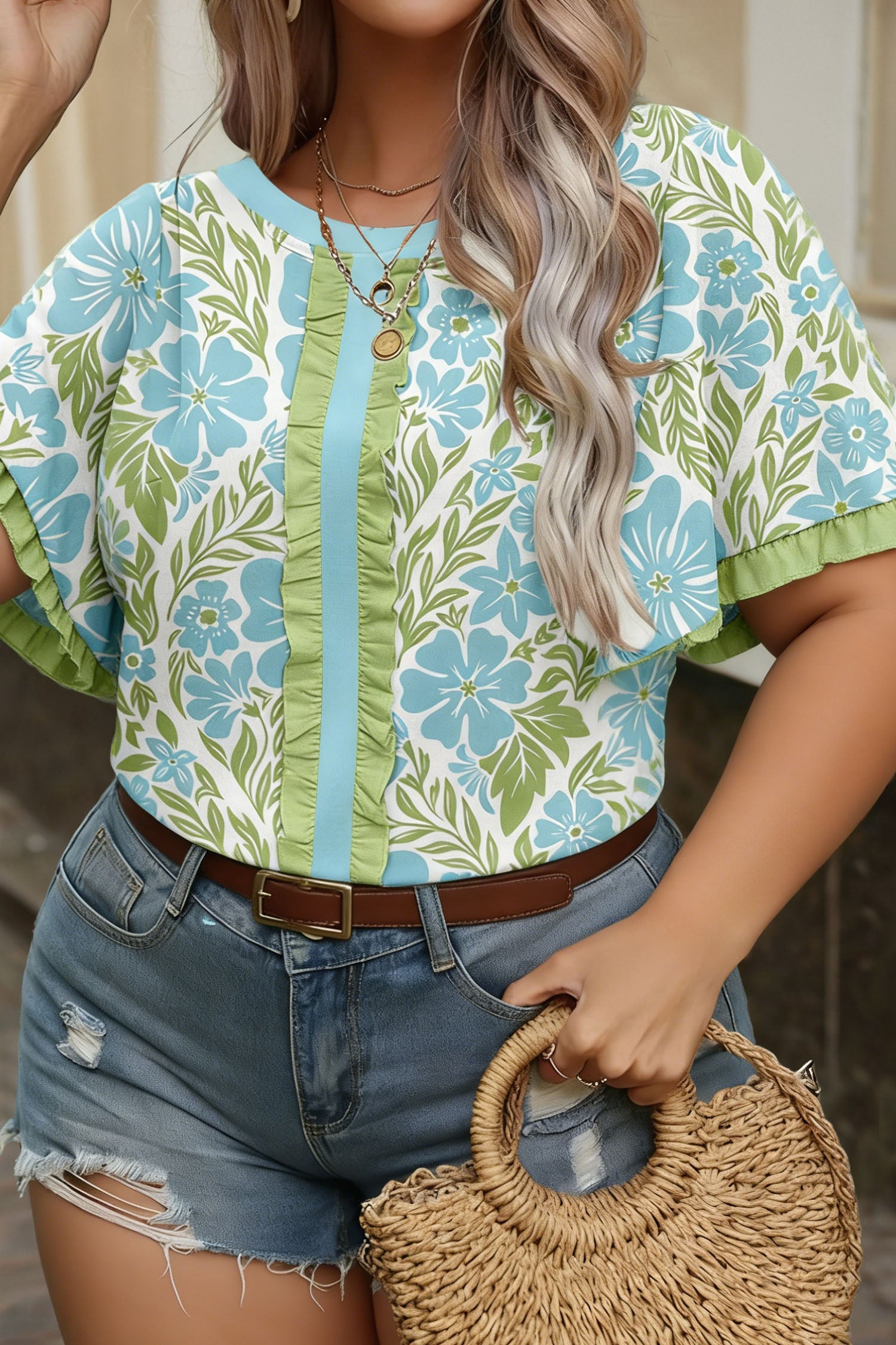 Plus Size Floral Blouse – Sky Blue Frilled Sleeve Color Block Trim Top Sky Blue 100%Viscose Dear-Lover Dropshipping Plus Size/Plus Size Tops/Plus Size Blouses & Shirts