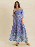 Smocked Off-Shoulder Printed Top and Skirt Set Blue Purple Bazarre Mart