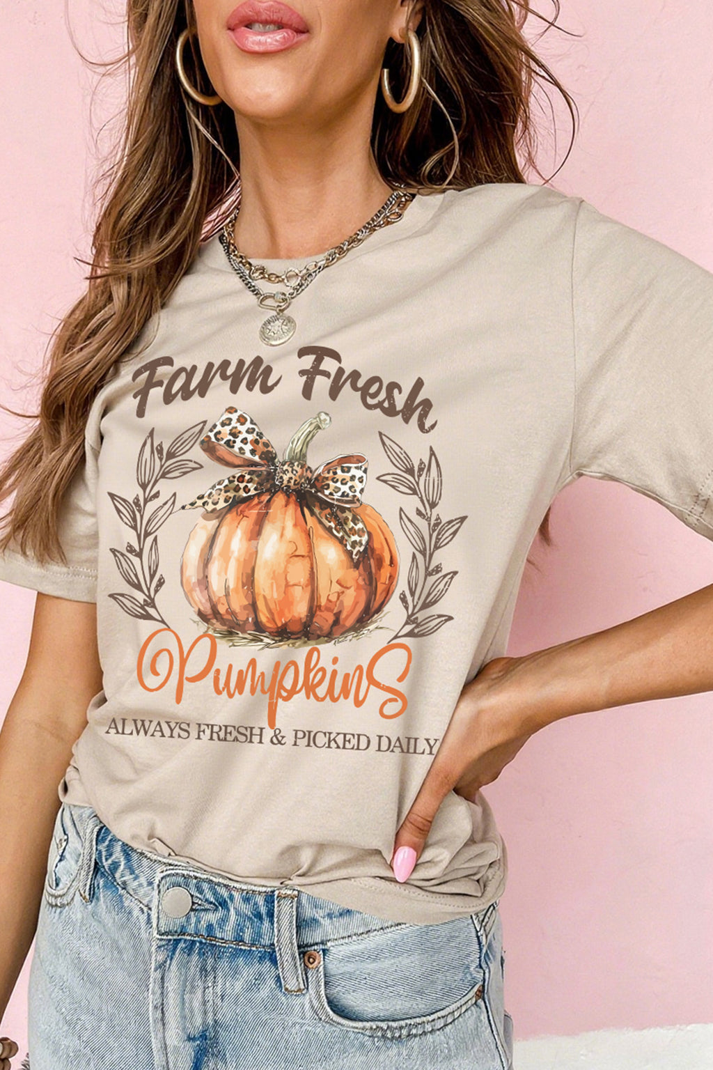 Khaki Farm Fresh Pumpkin Slogan Fall Graphic Tee