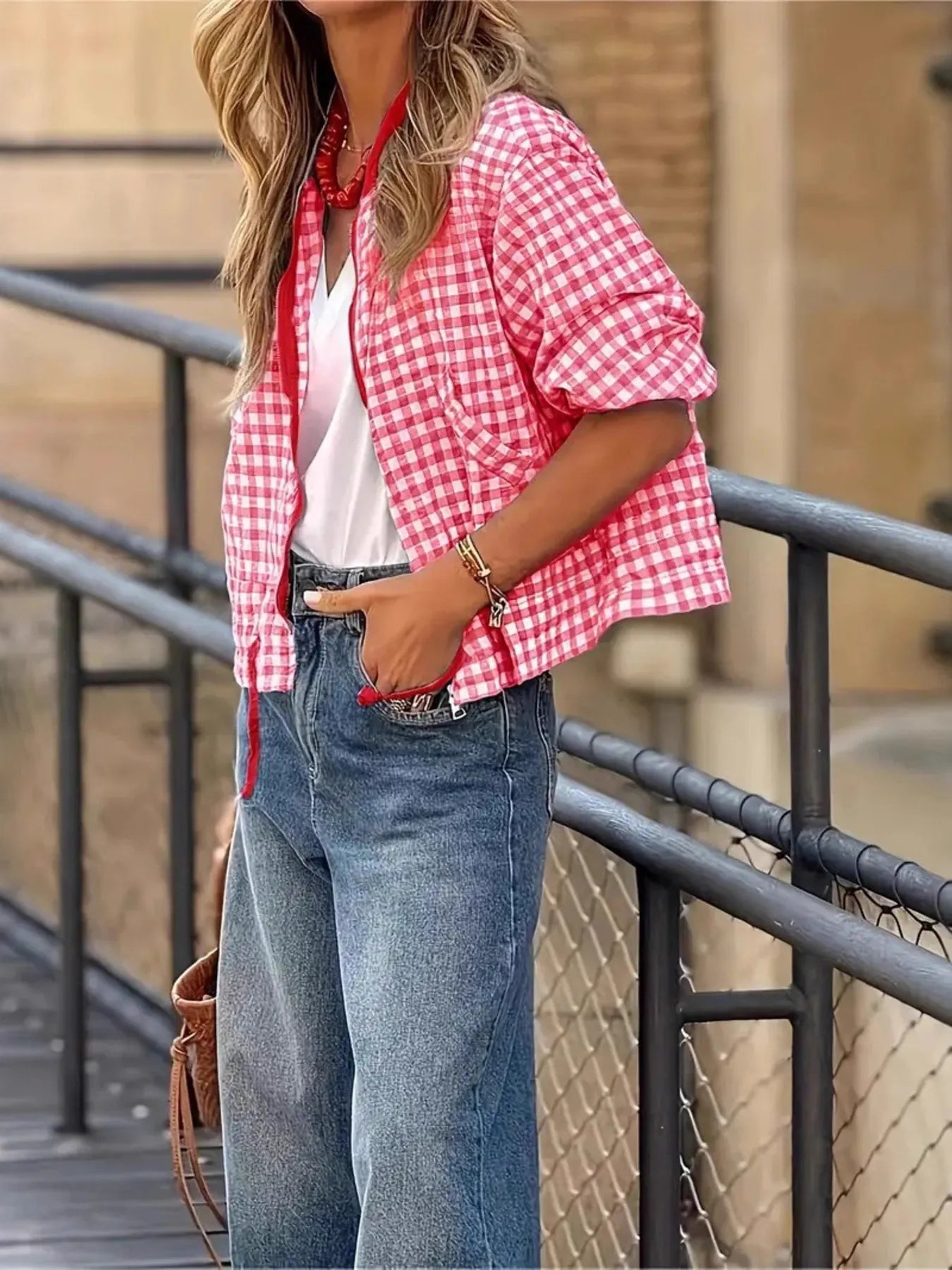 Plaid Zip Up Long Sleeve Jacket Pink Trendsi Plaid Zip Up Long Sleeve Jacket