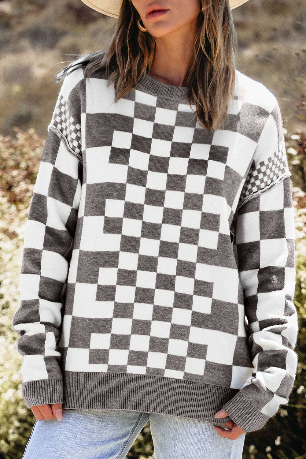 Gray Checkered Drop Shoulder Round Neck Sweater