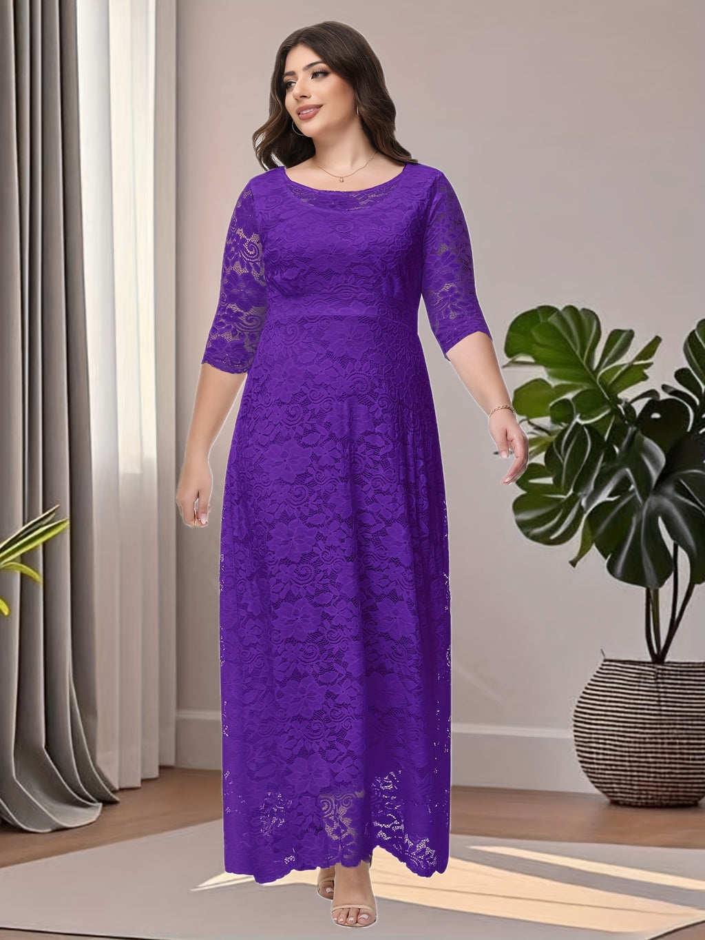 Purple Plus Size O Neck Three Quarter Sleeve Lace Maxi Dress
