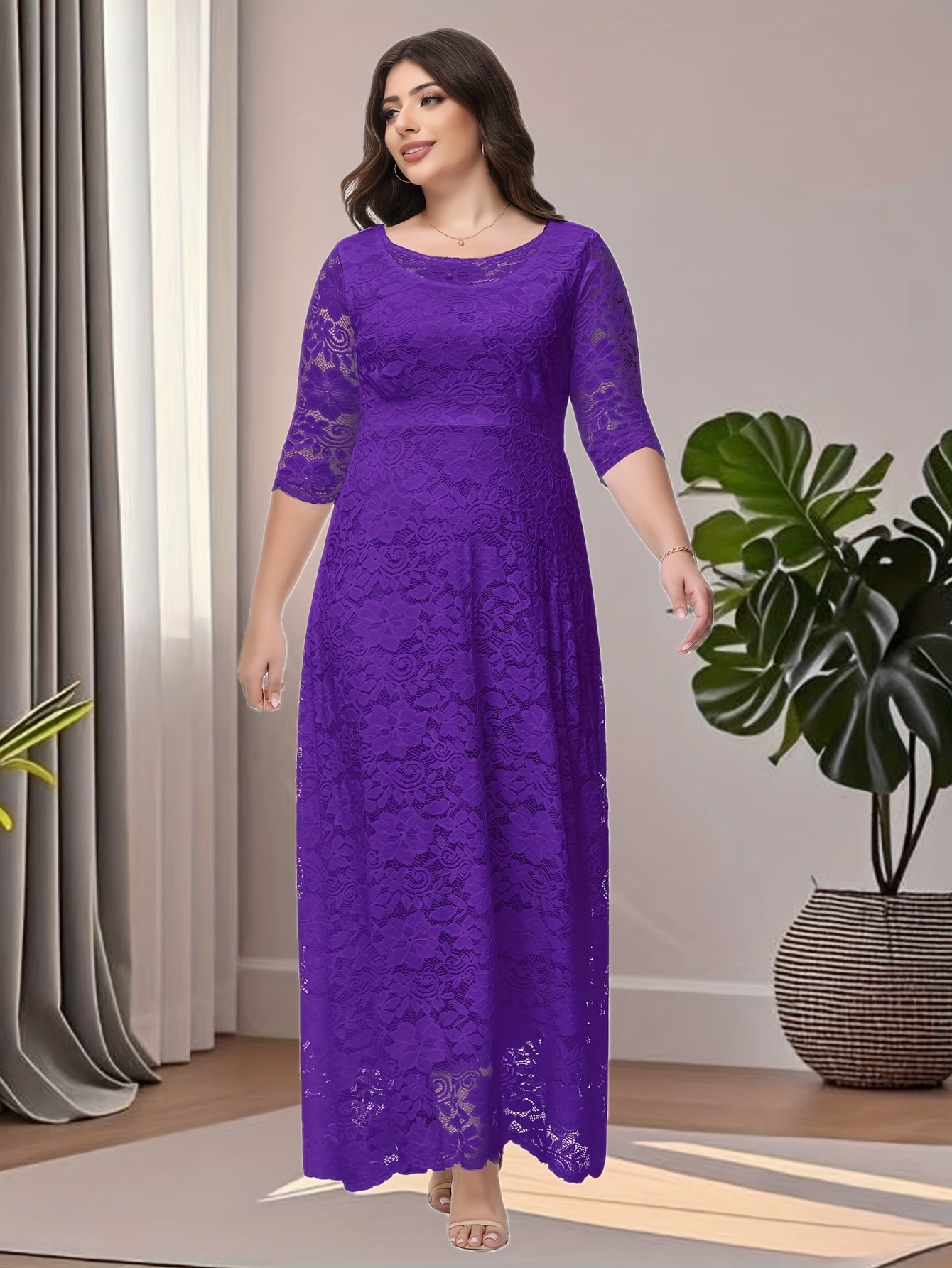 Purple Plus Size O Neck Three Quarter Sleeve Lace Maxi Dress