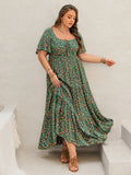 Plus Size Printed Short Sleeve Tiered Maxi Dress Dark Green Bazarre Mart Short Sleeve Tiered Maxi Dress