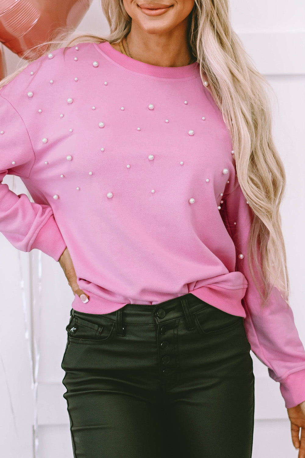 Pink Bonbon Pearl Detail Ribbed Crew Neck Sweatshirt
