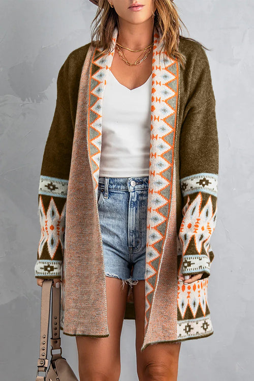 Brown Aztec Print Open Front Knitted Cardigan Brown 48%Acrylic+28%Nylon+24%Rayon Bazaare Mart Sweaters & Cardigans/Cardigans
