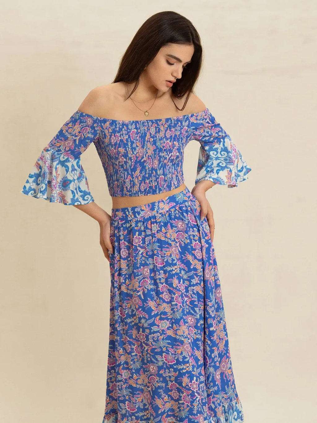 Smocked Off-Shoulder Printed Top and Skirt Set Bazarre Mart