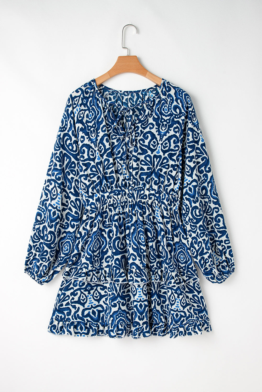 Blue Print V Neck Long Sleeve Mini Dress