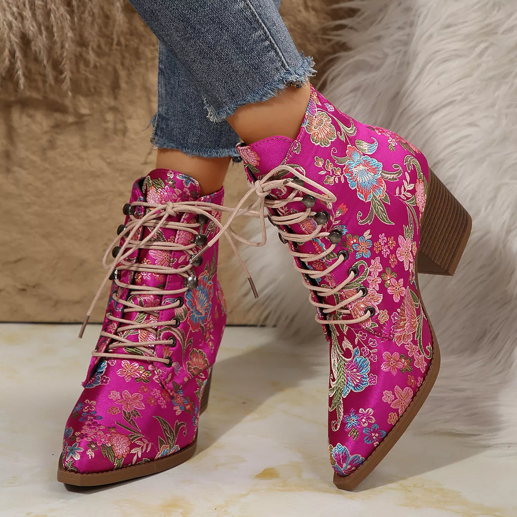 Floral Pointed Toe Block Heel Booties Bazaare Mart Booties