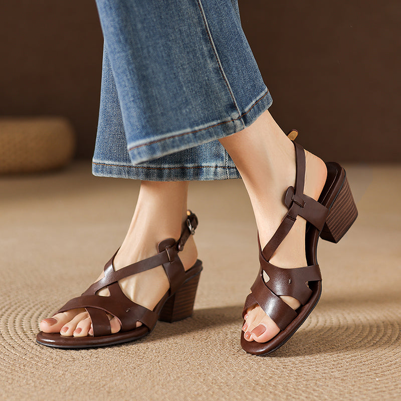 Women's Full-Grain Cowhide Cross-Strap Block Heel Sandals CJ Dropshipping Ladies Sandals