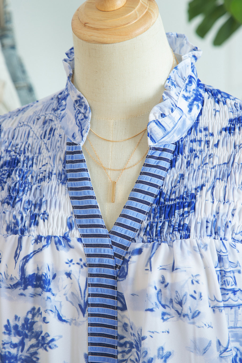 Blue Toile Print Smocked Puff Sleeve Blouse Dear-Lover Dropshipping Tops/Blouses & Shirts