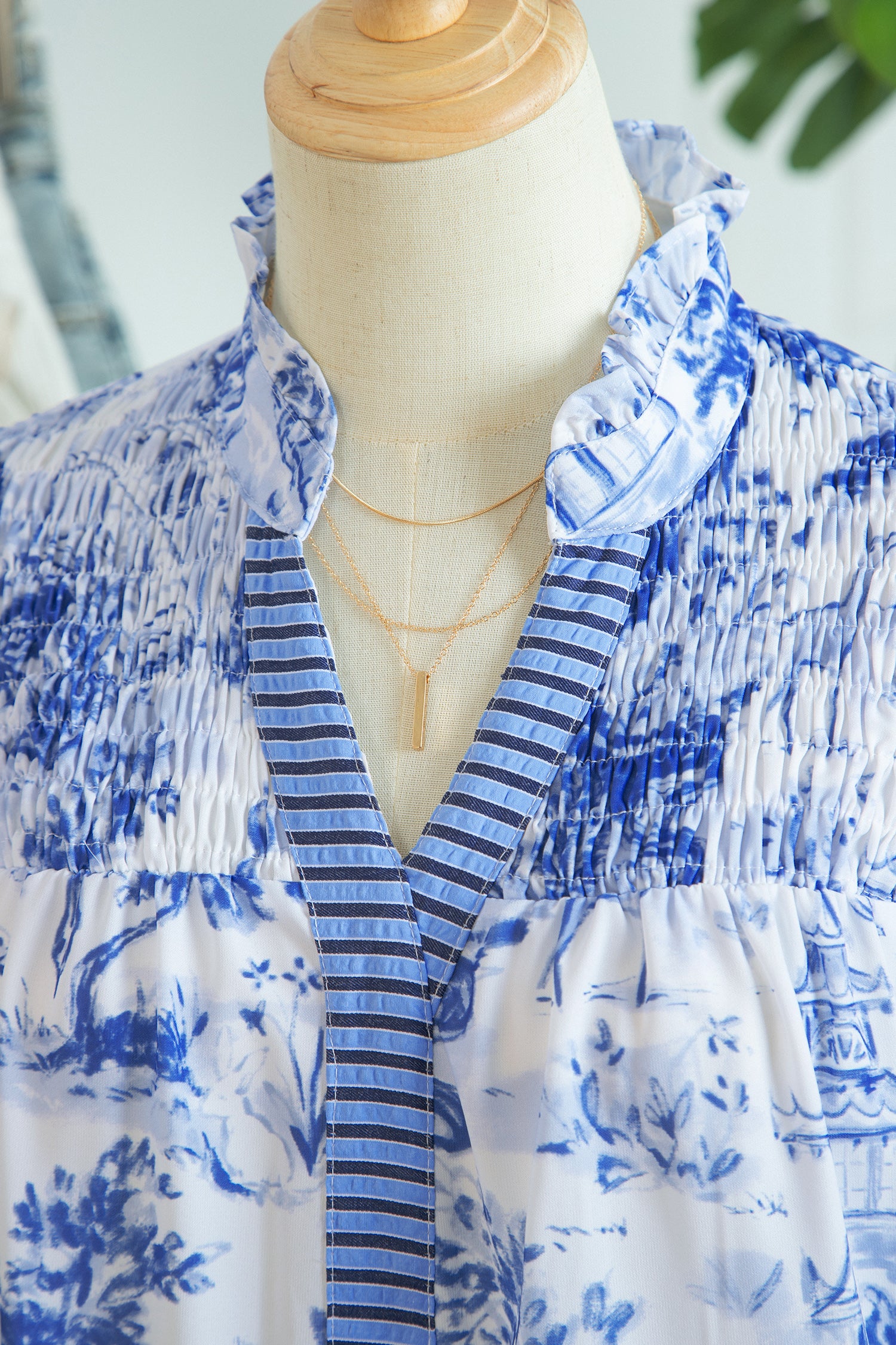 Blue Toile Print Smocked Puff Sleeve Blouse Dear-Lover Dropshipping Tops/Blouses & Shirts