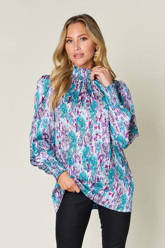 Abstract Smocked High Neck Long Sleeve Blouse