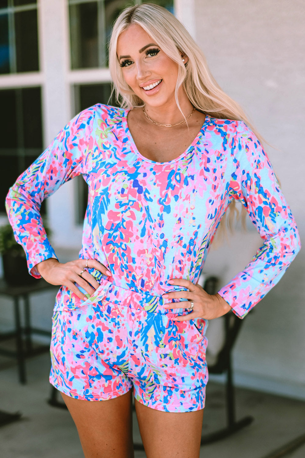 Multicolor Printed 3/4 Sleeve Split Neck Plus Size Tunic Top