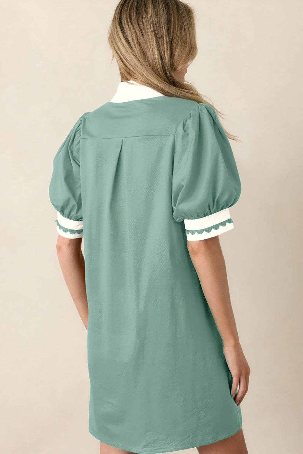 Scallop Trim Puff Sleeve Mini Dress – Color Block Notched Neck Dress for Women Dear-Lover Dropshipping Dresses/Mini Dresses