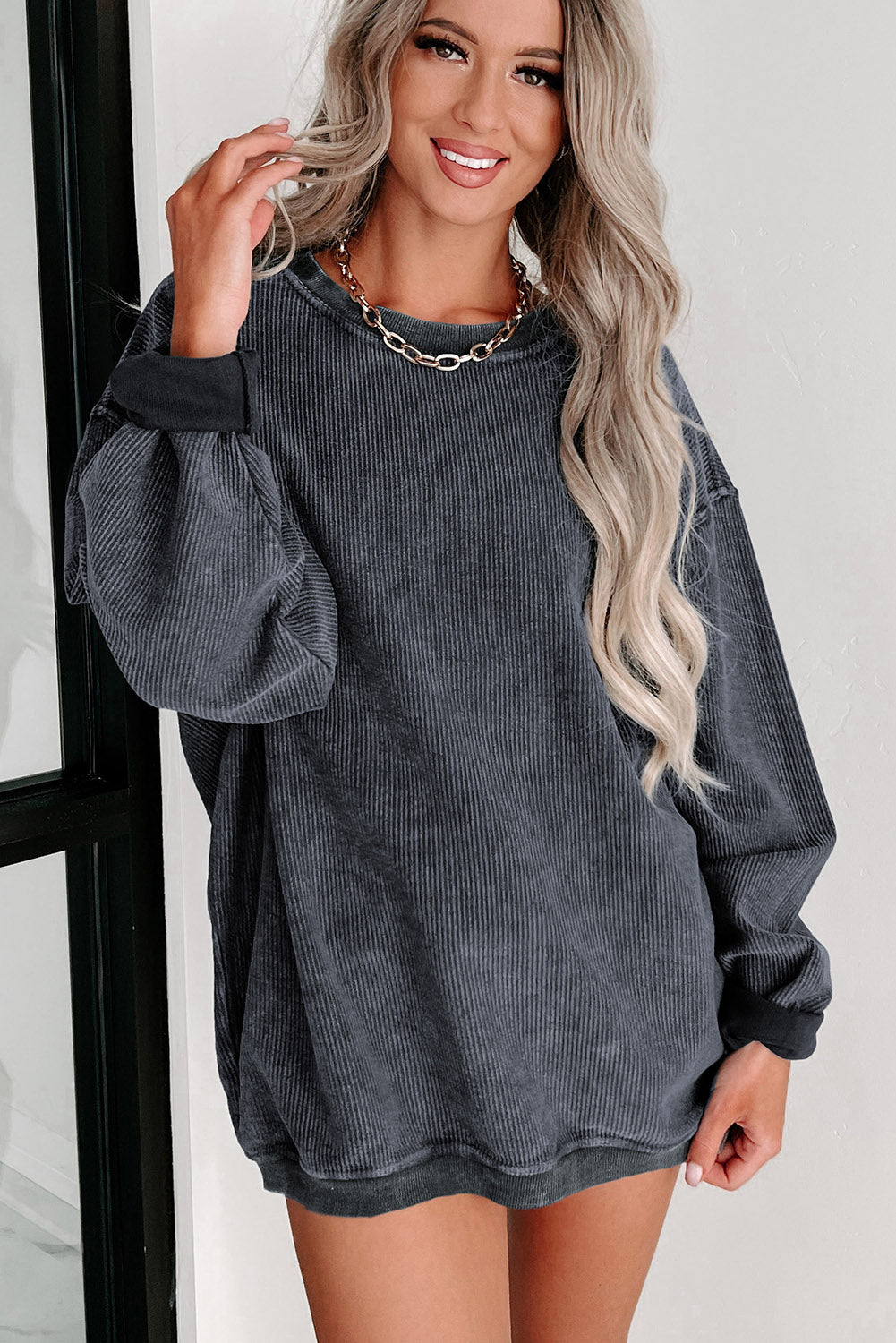 Plain Corded Crew Neck Sweatshirt