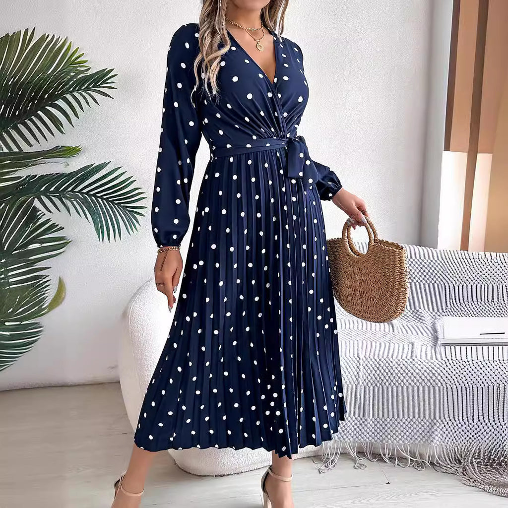 Elegant Polka Dot Pleated Maxi Dress – Cross V-Neck Long Sleeve Shirt Dress CJ Dropshipping Long Sleeve Polka Dot Midi Dress