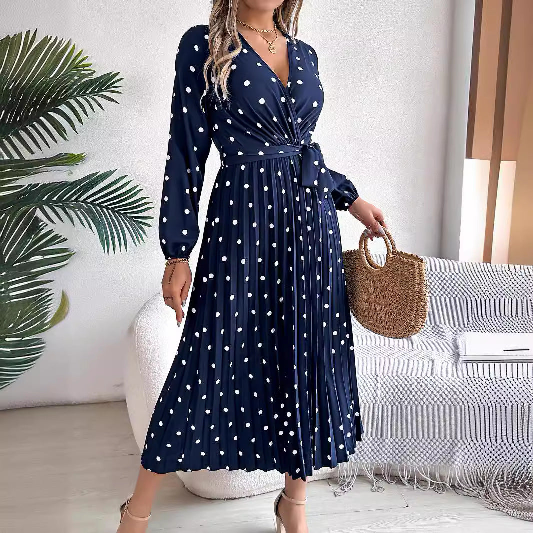 Elegant Polka Dot Pleated Maxi Dress – Cross V-Neck Long Sleeve Shirt Dress CJ Dropshipping Long Sleeve Polka Dot Midi Dress