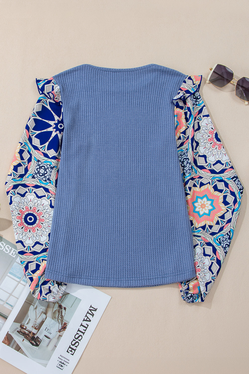 Blue Floral Sleeve Waffle Knit Blouse