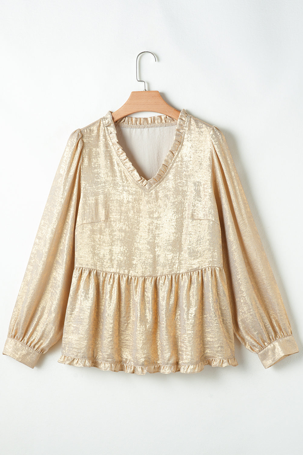 Gold Metallic V Neck Long Puff Sleeve Blouse