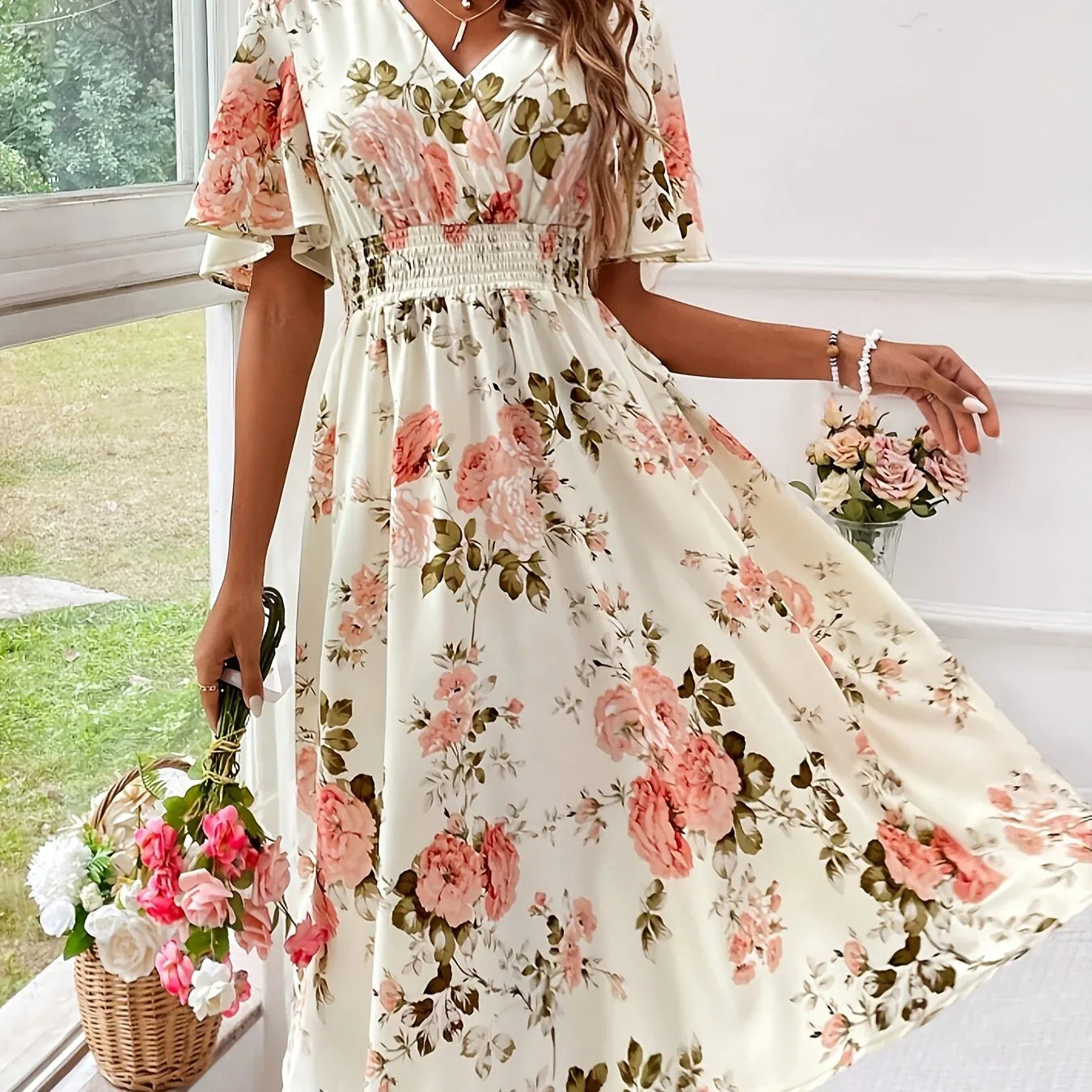 Short Sleeve V-Neck Floral Dresses Apricot Bazaare Mart Short Sleeve V-Neck Floral Dresses
