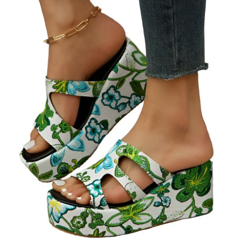 Cutout Green Floral Platform Sandals