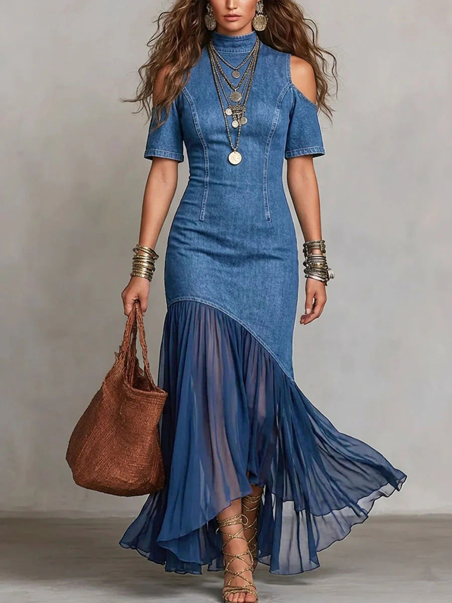 Cold-Shoulder Short-Sleeve Mesh-hem Maxi Dress Blue CJ Dropshipping Denim Maxi Dress