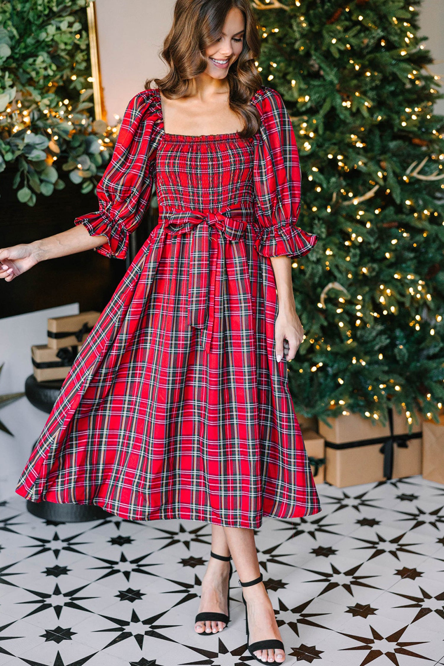 Tartan Plaid Square Neck Puff Sleeve Flared Midi Dress Bazaarre Mart Dresses/Maxi Dresses