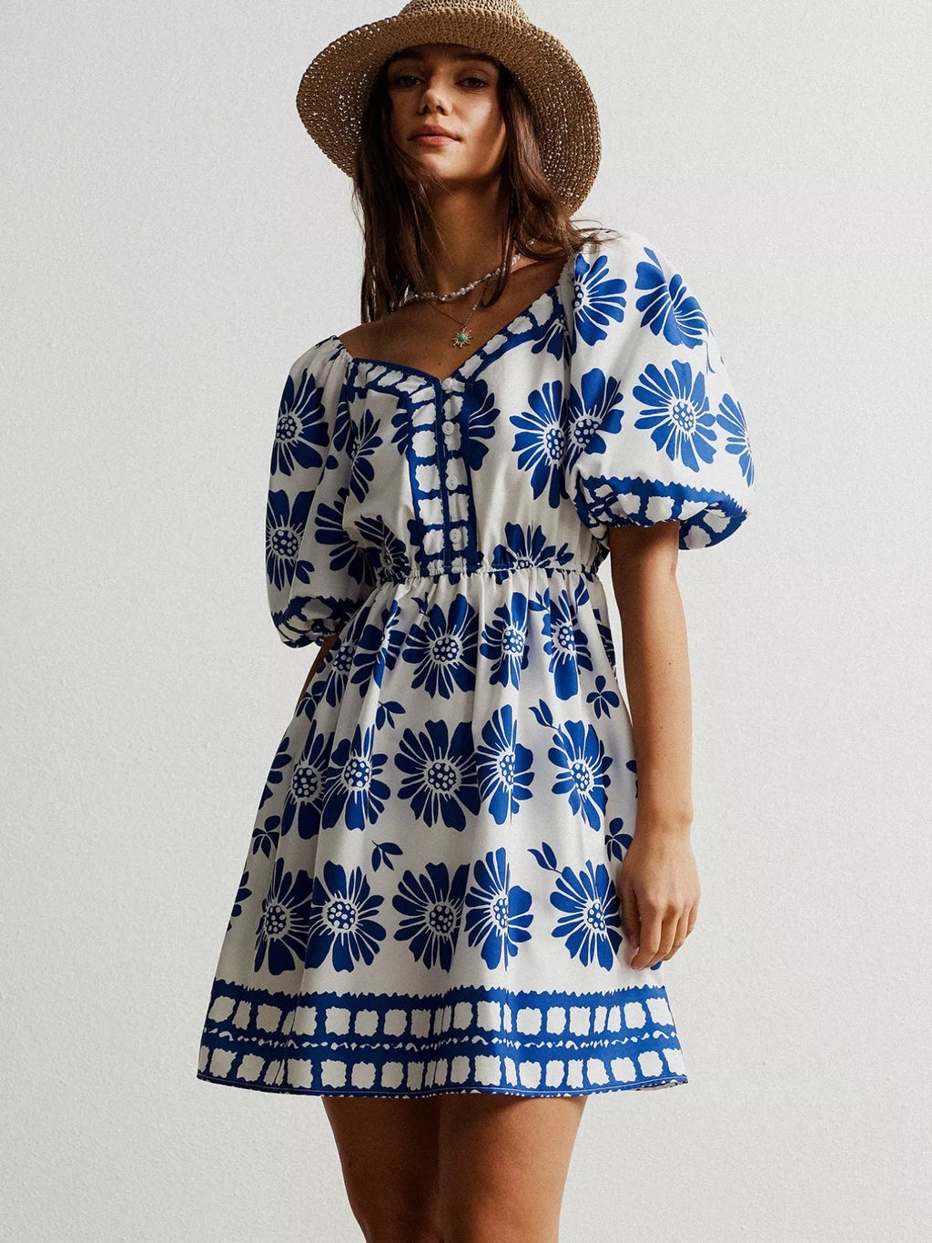 Blue Floral Print Puff Sleeve Mini Dress Bazaare Mart Floral Print Puff Sleeve Mini Dress