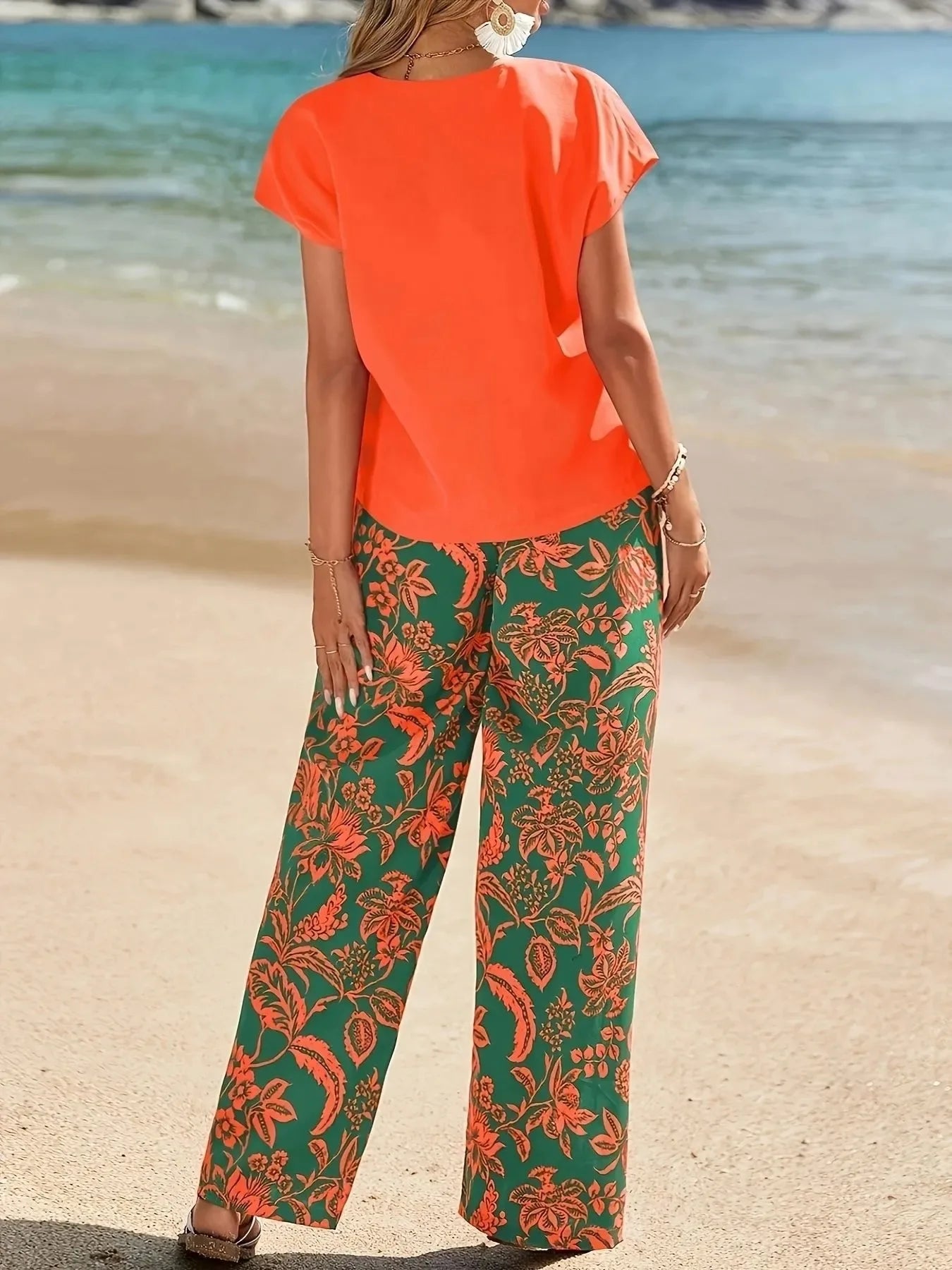 Orange Floral Pants Set Bazaare Mart V-Neck Top and Summer Beach Floral Print Pants Set