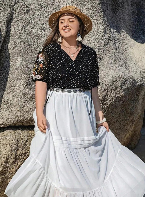 Black Sheer Dot Puff Half Floral Embroidered Sleeve Blouse Bazaare Mart Plus Size Printed Tie Neck Half Sleeve Blouse