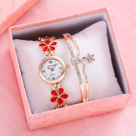 Red Flower Watch and Rhinestone Bracelet Set