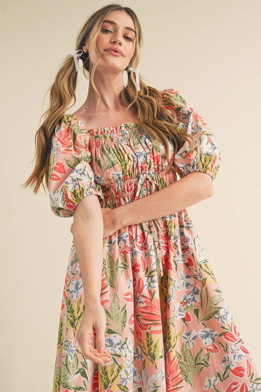 Apricot Floral Smocked Bust Bubble Half Sleeve Midi Dress