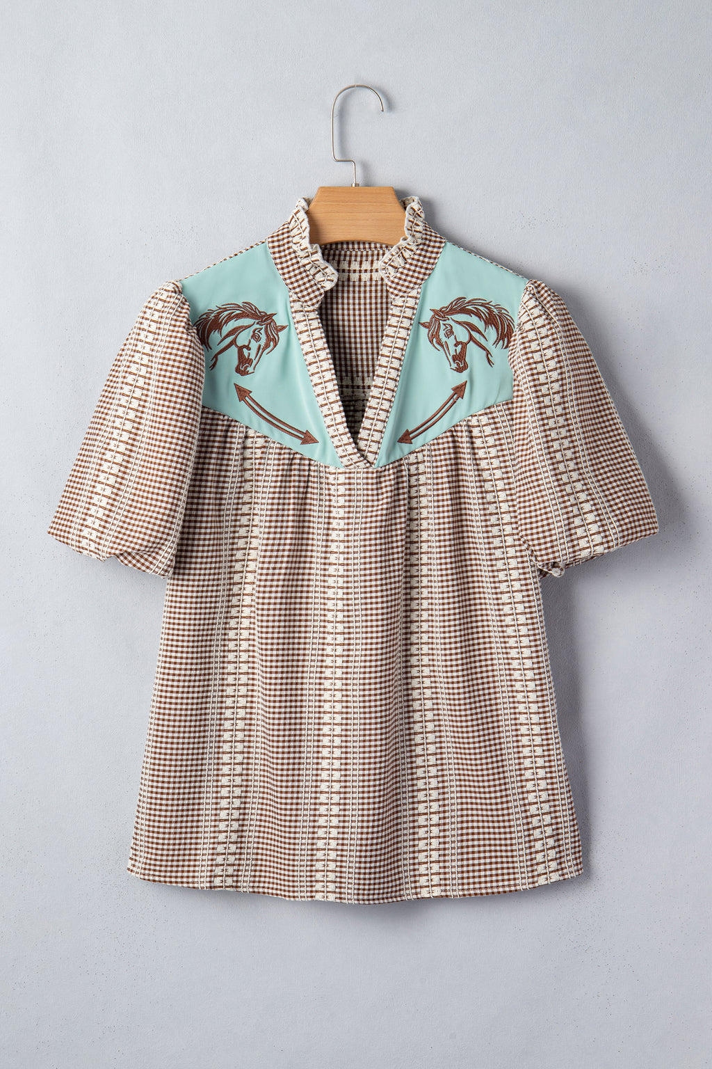 Western Horse Embroidered Gingham Blouse – Puff Sleeve Rustic Summer Top Brown 85%Polyester+15%Viscose Dear-Lover Dropshipping Tops/Blouses & Shirts
