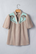 Western Horse Embroidered Gingham Blouse – Puff Sleeve Rustic Summer Top Brown 85%Polyester+15%Viscose Dear-Lover Dropshipping Tops/Blouses & Shirts