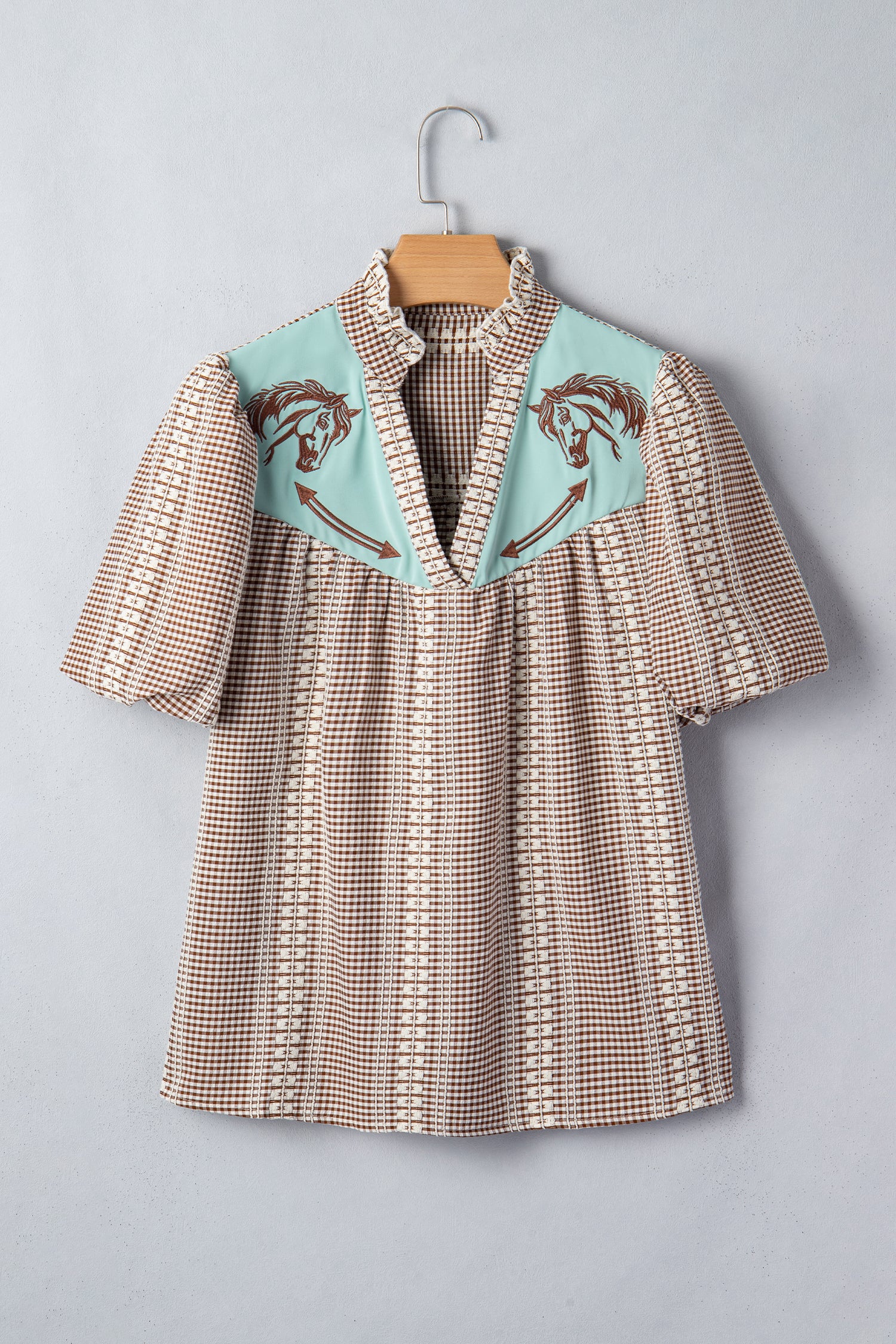 Western Horse Embroidered Gingham Blouse – Puff Sleeve Rustic Summer Top Brown 85%Polyester+15%Viscose Dear-Lover Dropshipping Tops/Blouses & Shirts