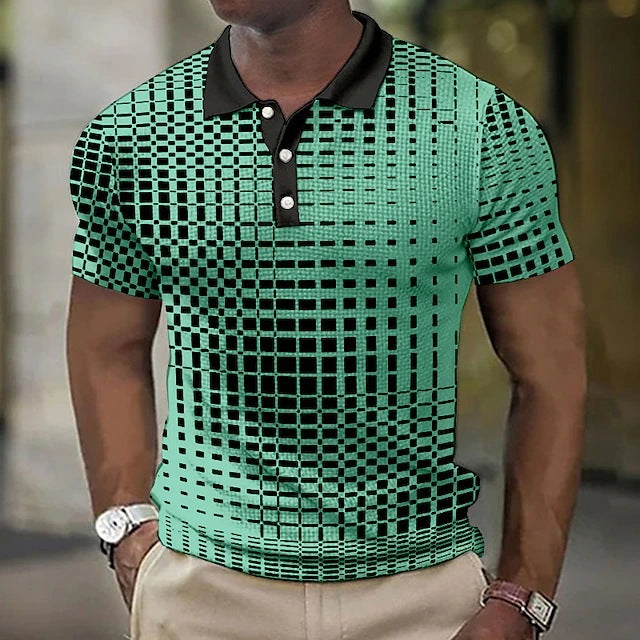 Men's Casual Short-Sleeve Plaid Polo Shirt Turquoise Plaid CJ Dropshipping Striped Polo Shirt