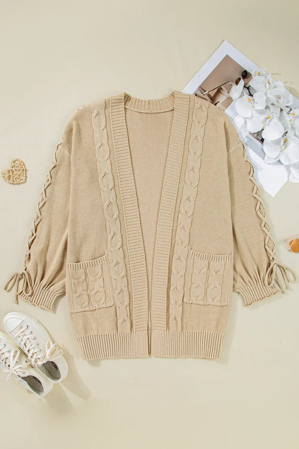 Parchment Cable Knit Braided Open Cardigan Bazaare Mart Plus Size/Plus Size Sweaters & Cardigans