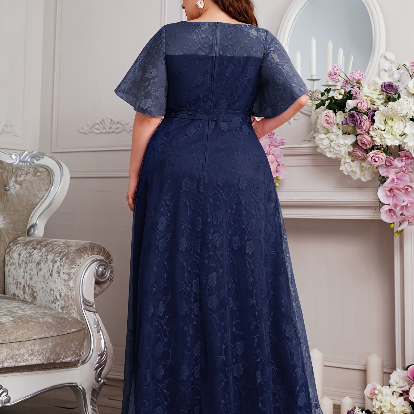 Elegant High Waist Lace Round Neck Half Flutter Sleeve Solid Color Formal Floor Length Dress