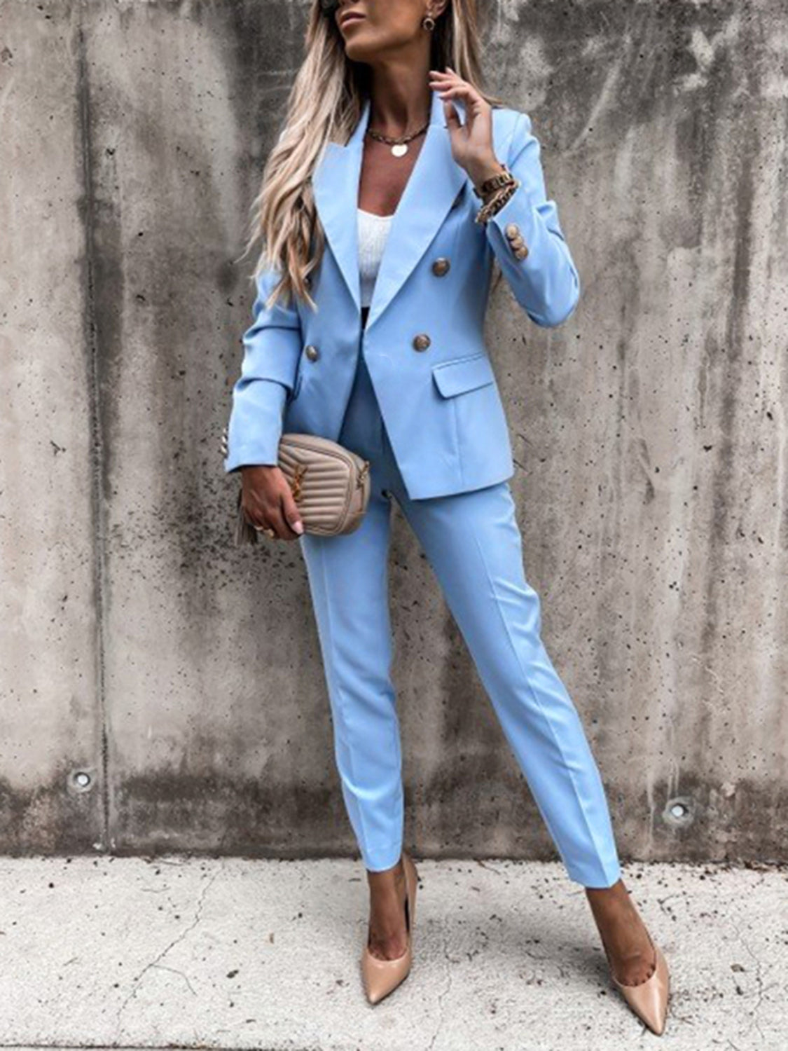 Lt Blue Double Breasted Lapel Collar Pants Suit