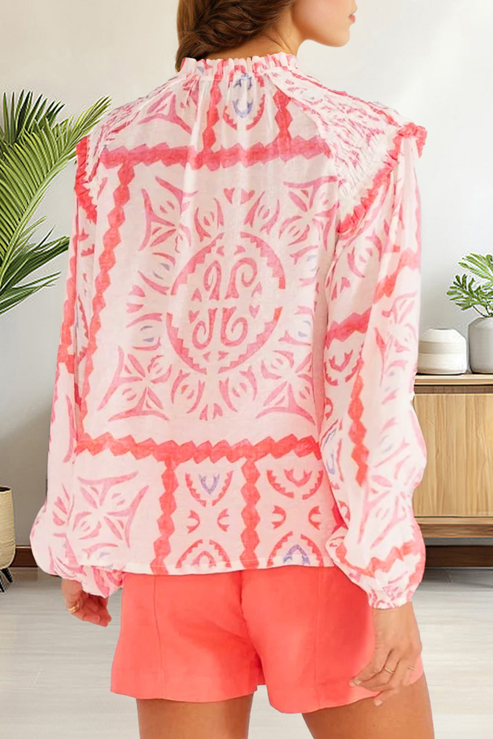 Coral Desert Flower Billowy Sleeve Blouse