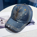 Distressed Denim Rhinestone Baseball Cap Big Bow Dark Blue Adjustable Bazaare Mart Rhinestone Butterfly Cap