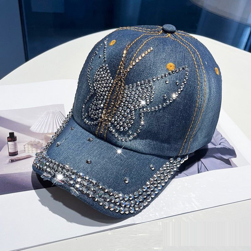 Distressed Denim Rhinestone Baseball Cap