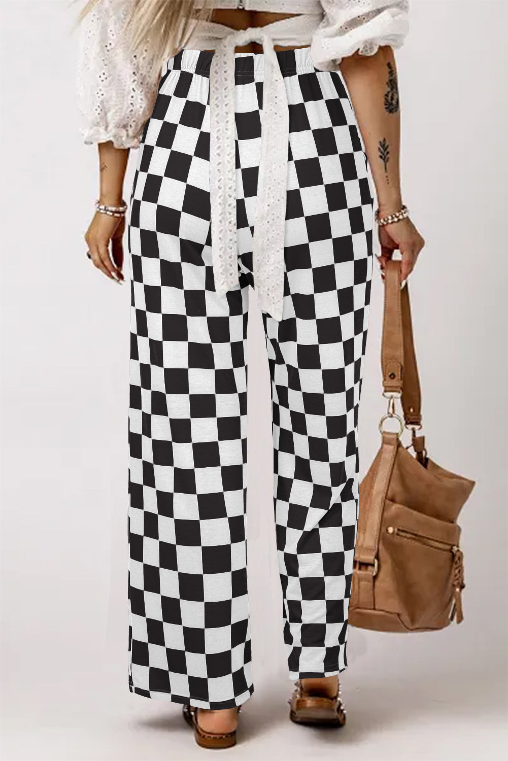 B&W Checkered Print High Waist Wide Leg Pants
