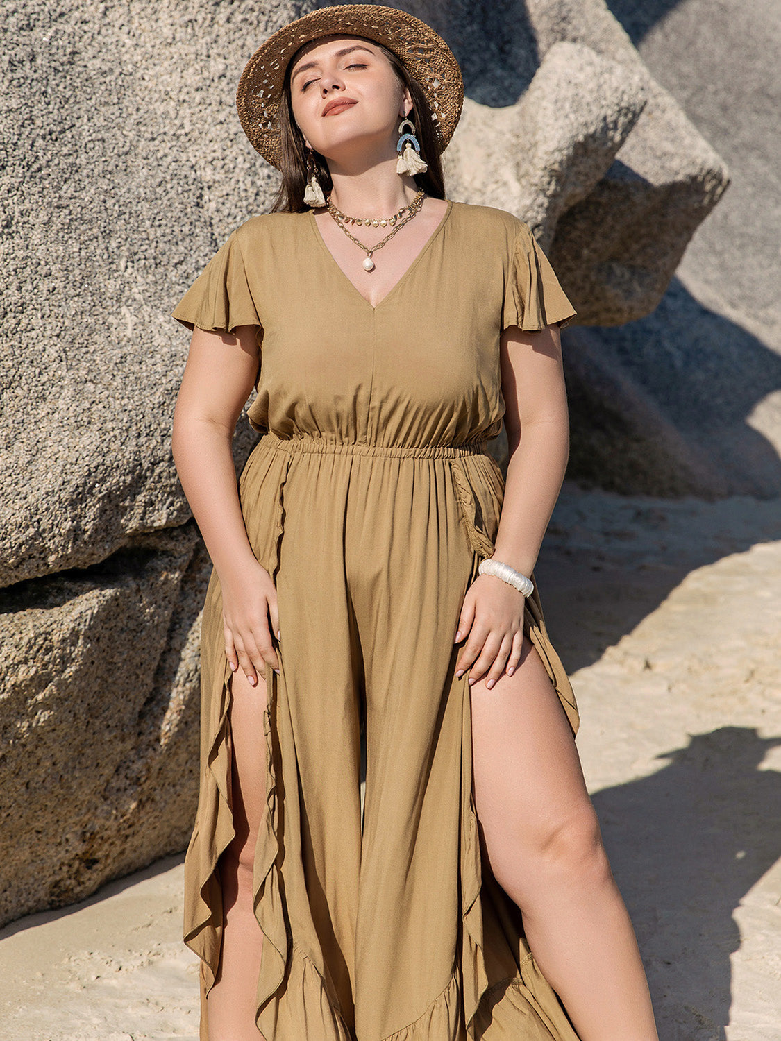 Plus Size Slit Ruffled Camel Jumpsuit