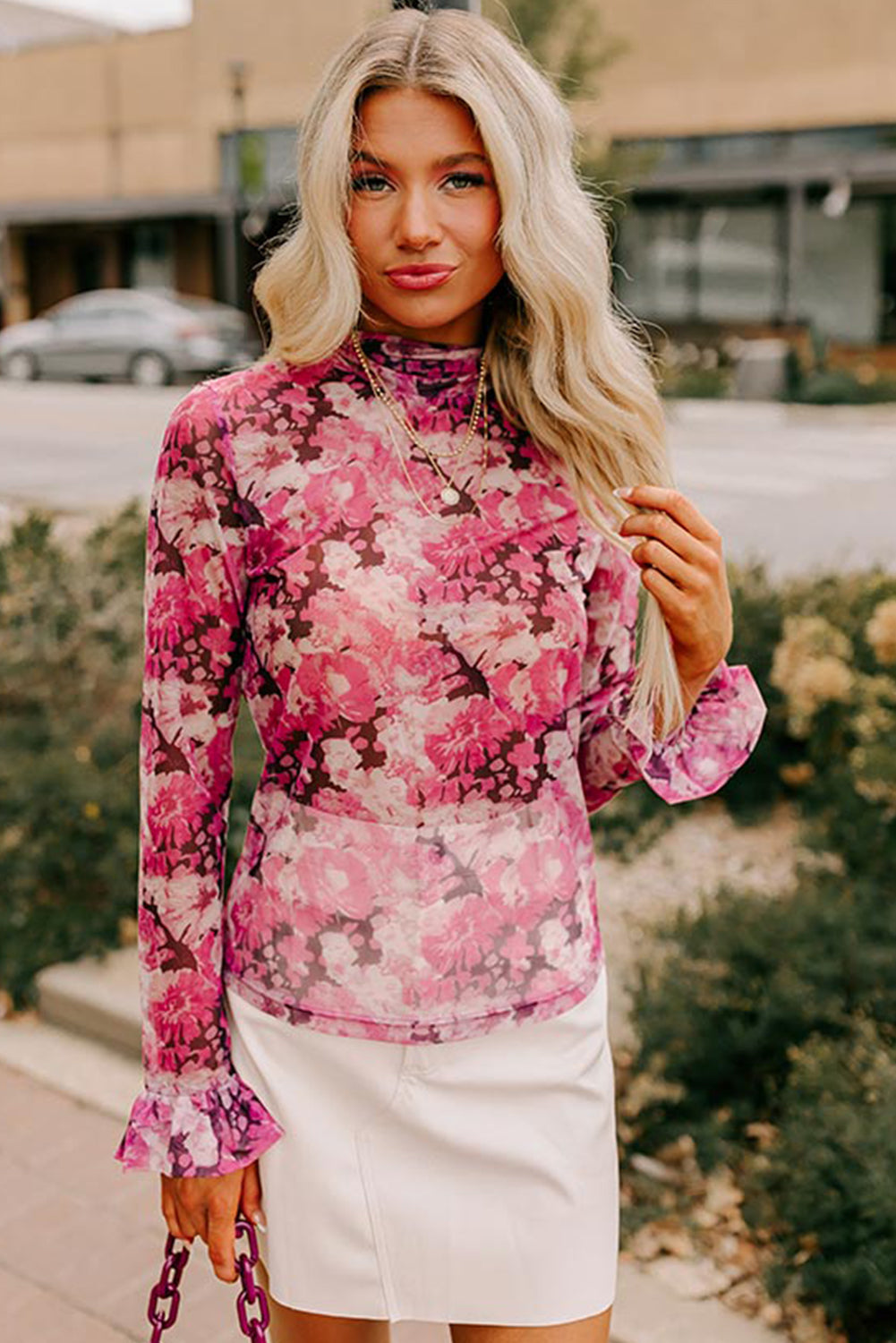 Floral Mesh Ruffle Sleeve Mock Neck Blouse