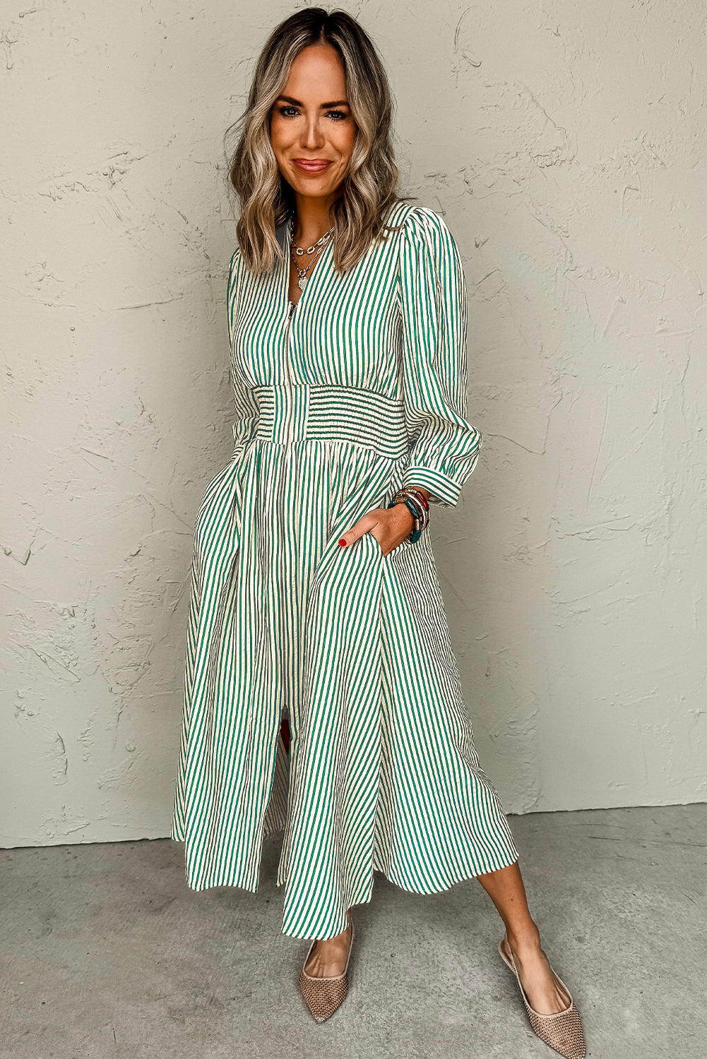 Green Striped V Neck Zip Midi Dress