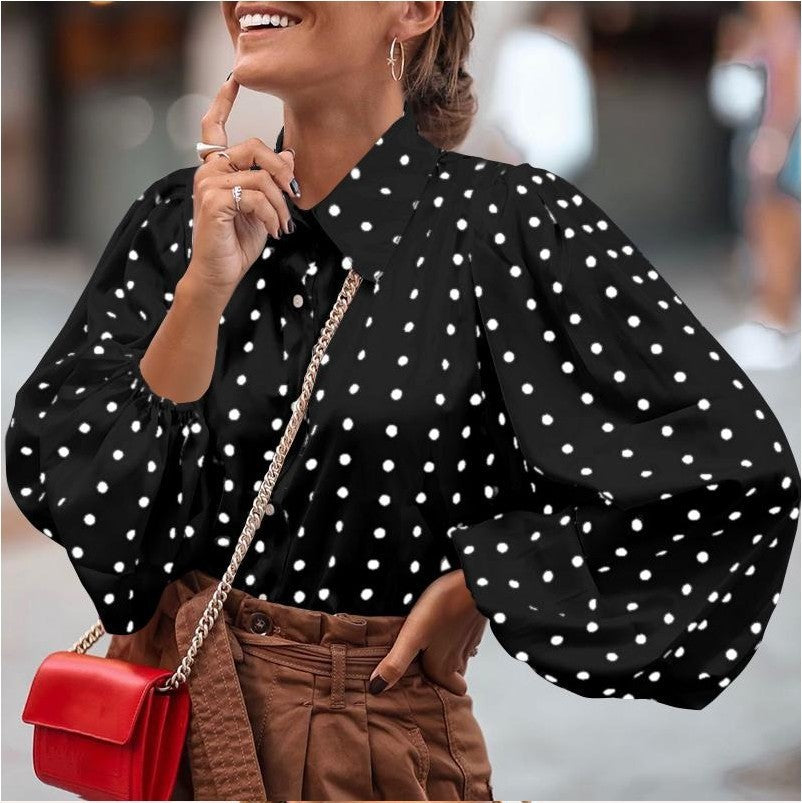 Chiffon Polka Dot Long Puff Sleeve Blouse