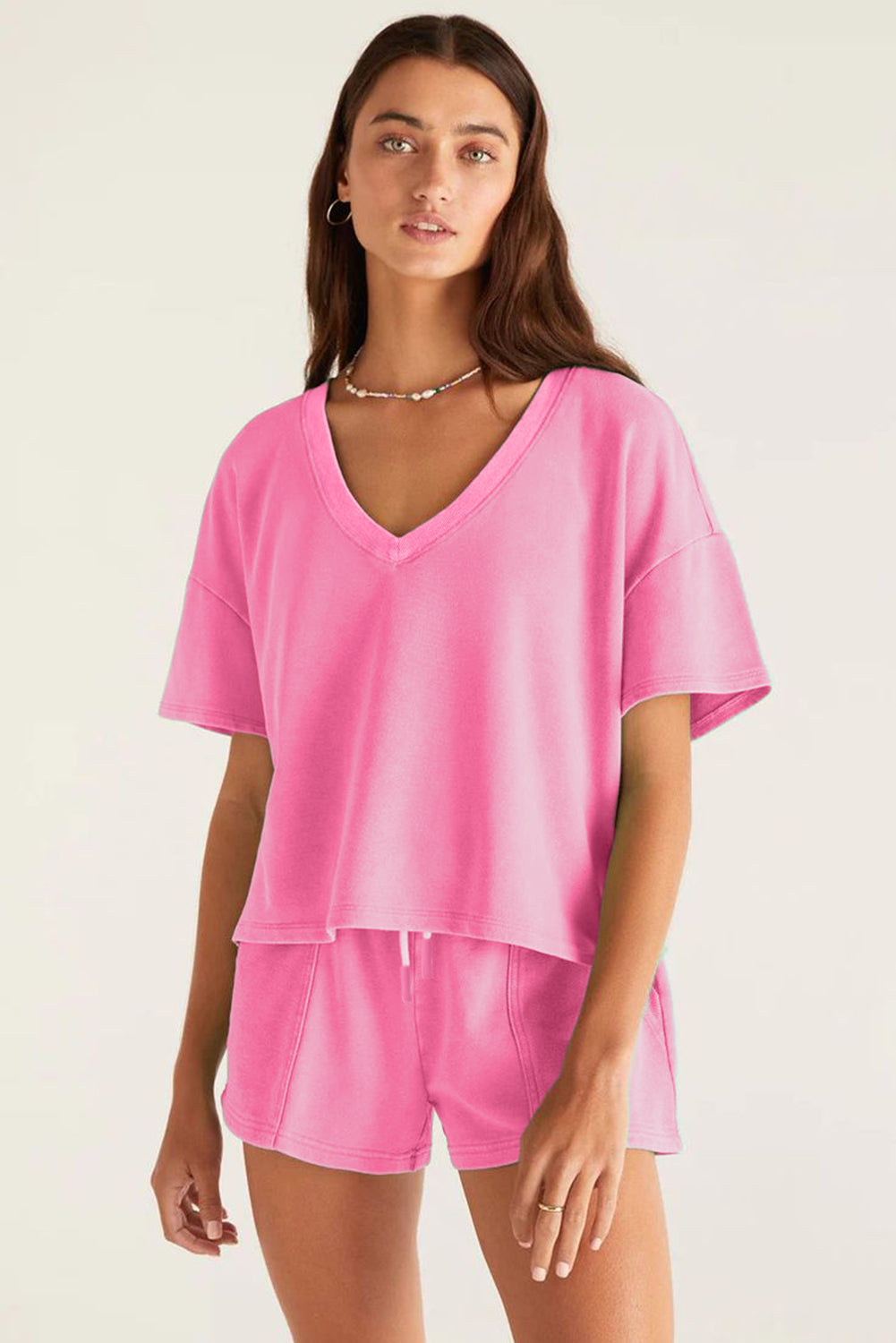 Bonbon V Neck Drop Shoulder T-Shirt and Shorts Set